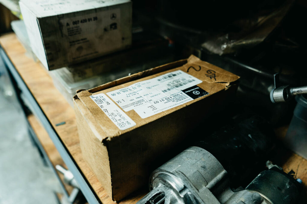 Boxed genuine Mercedes-Benz part on the shelf at the Miami Benz workshop in South Miami