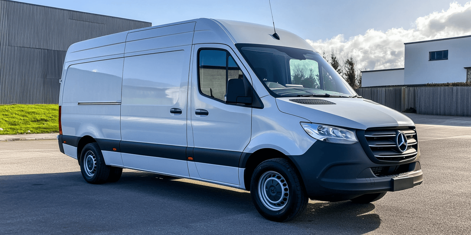 White Mercedes-Benz Sprinter van parked outdoors with industrial buildings in the background