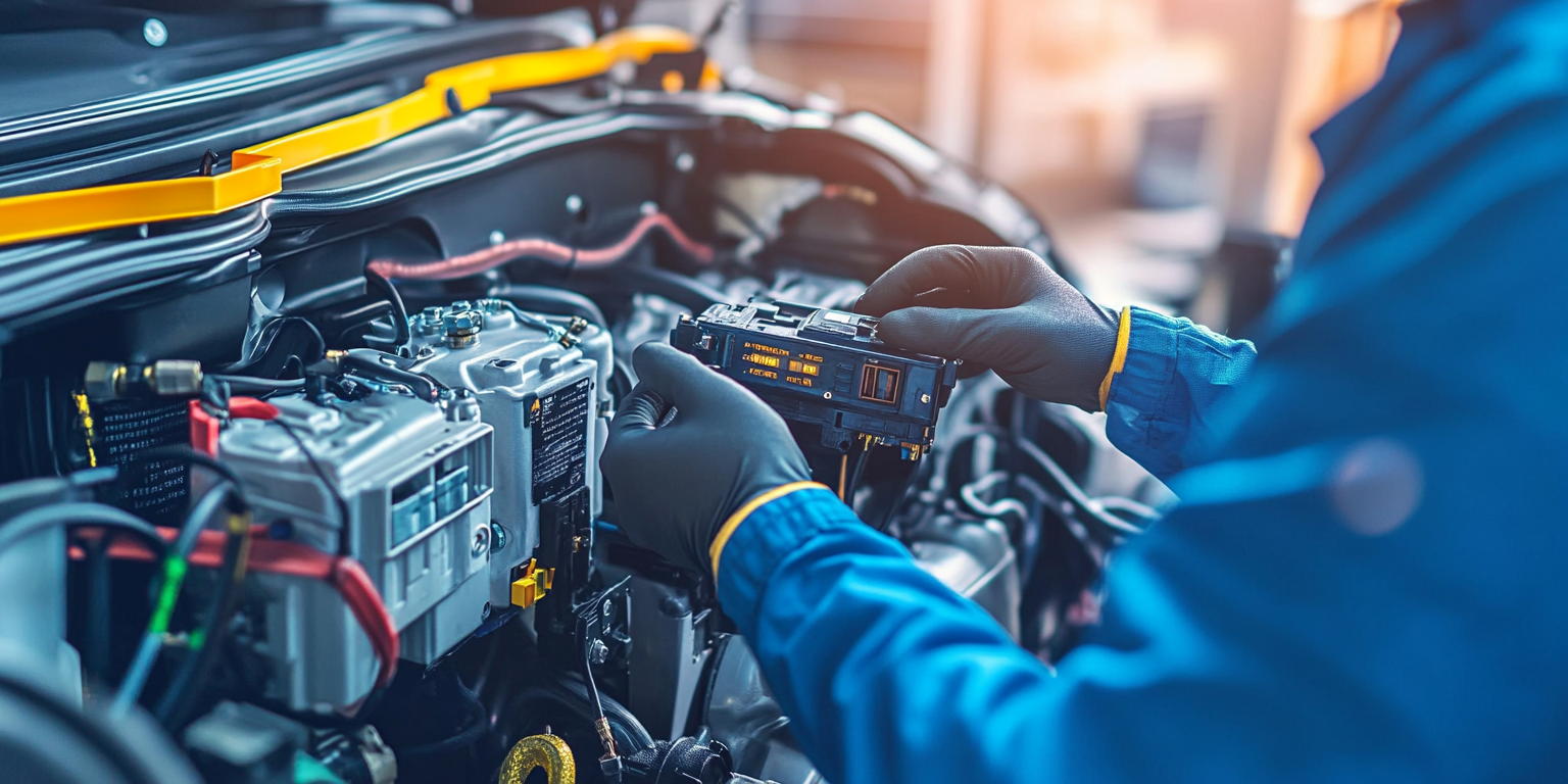 Technician in blue uniform servicing the air conditioning system of a hybrid or electric vehicle, with hands working on electrical components under the hood
