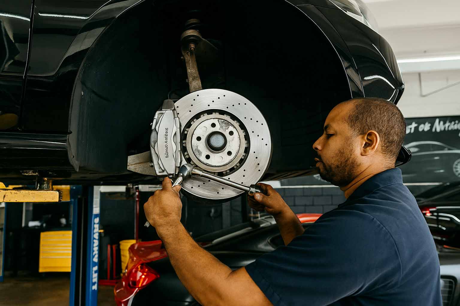 Mechanic working on a Mercedes-Benz brake system inside the Miami Benz workshop