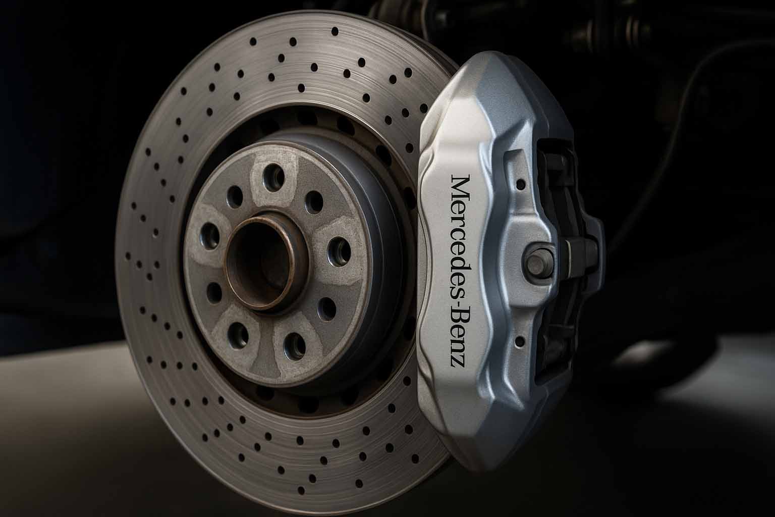 Close-up of a Mercedes-Benz brake system showing ventilated disc and caliper