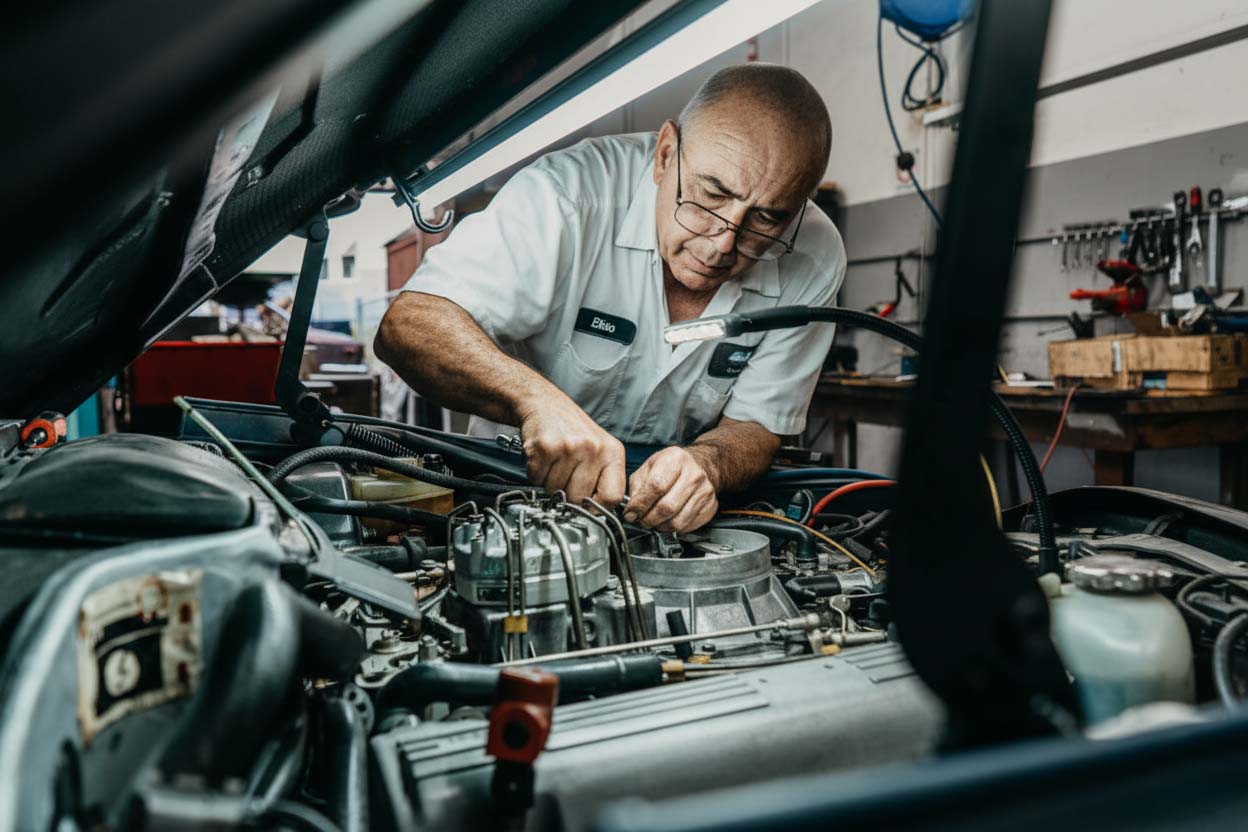 Mercedes-Benz mechanic performing oil change service in Miami workshop
