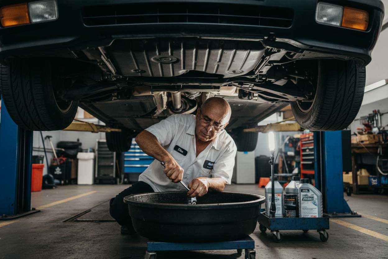 Mercedes-Benz mechanic draining engine oil during oil change service in Miami workshop
