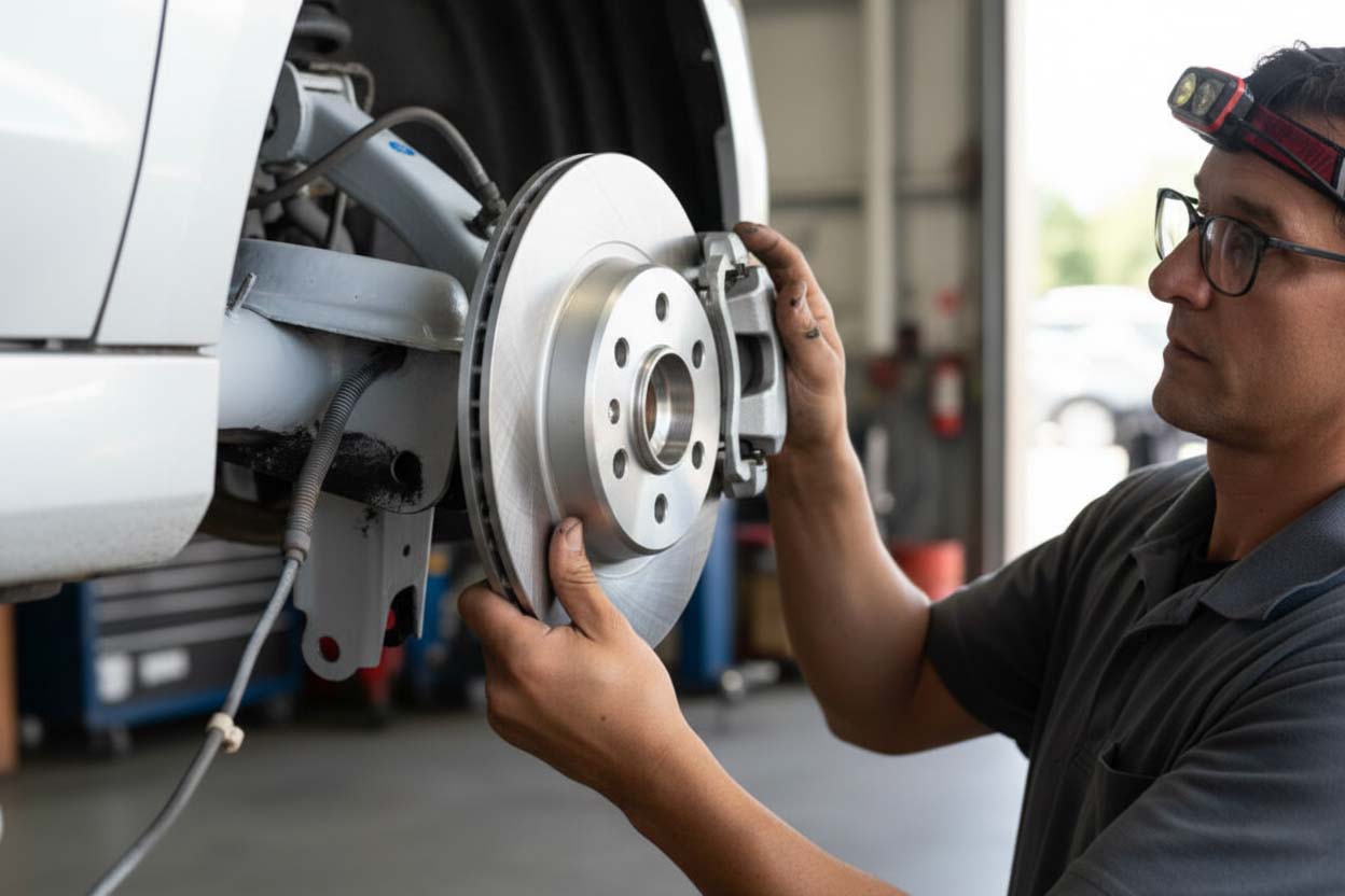 Miami Benz mechanic installing new brake rotor during Mercedes brake repair service in Miami