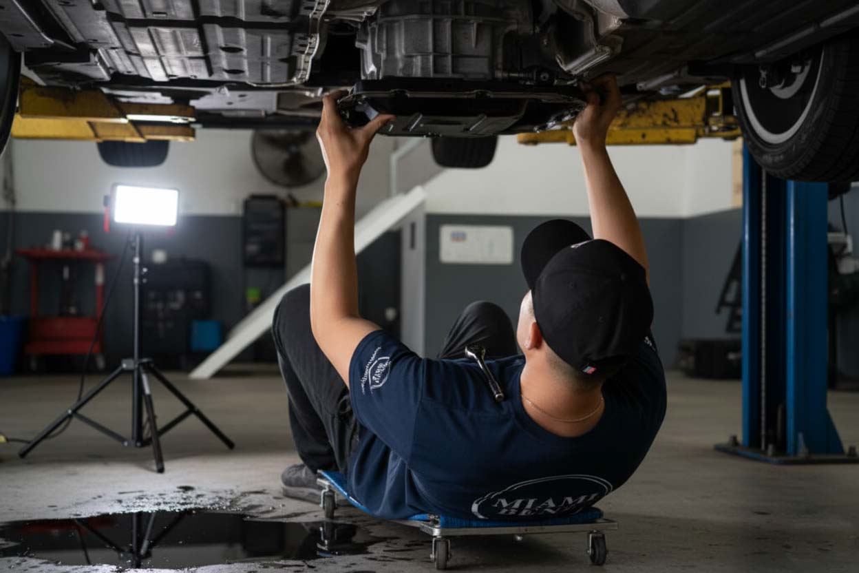 Miami Benz mechanic performing Mercedes transmission repair service under vehicle in Miami