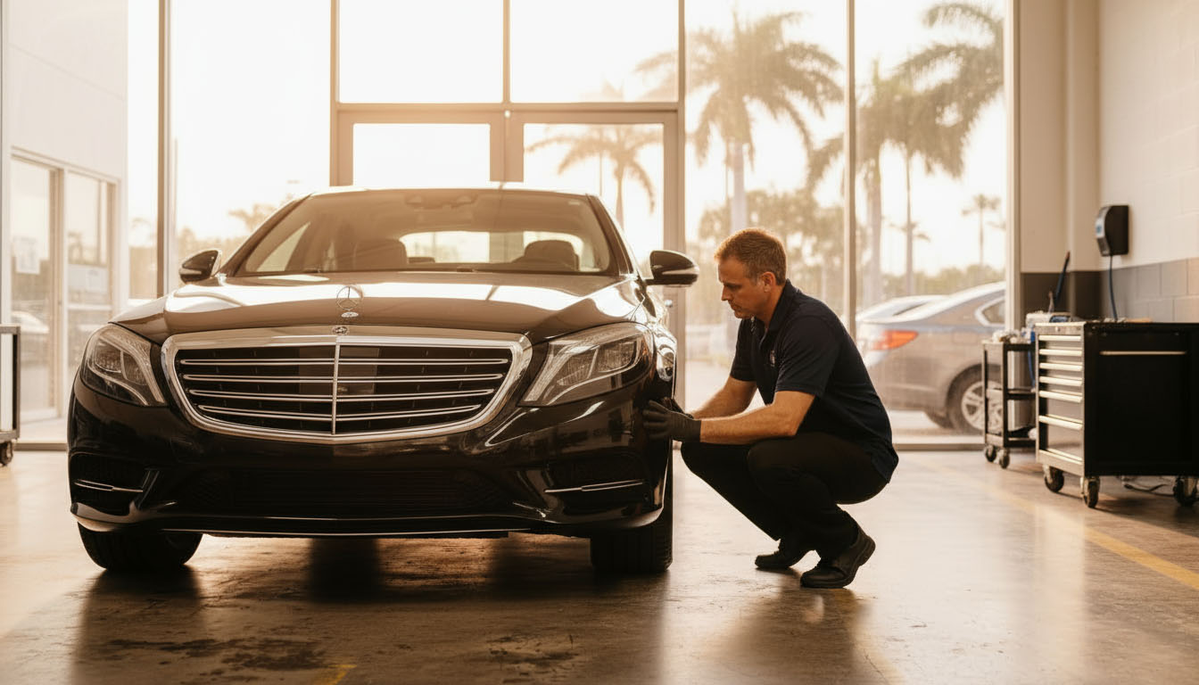 Mechanic performing Mercedes-Benz Service A in a Miami workshop with diagnostic tools.