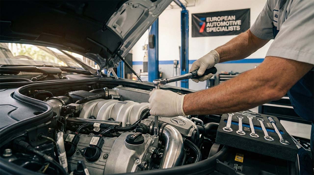 Technician performing precision maintenance on Mercedes-Benz engine in Miami