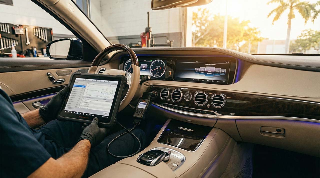 Mercedes-Benz undergoing advanced diagnostics at Miami repair shop