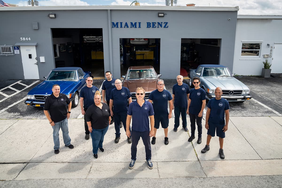 The Miami Benz team outside the South Miami workshop on Commerce Lane